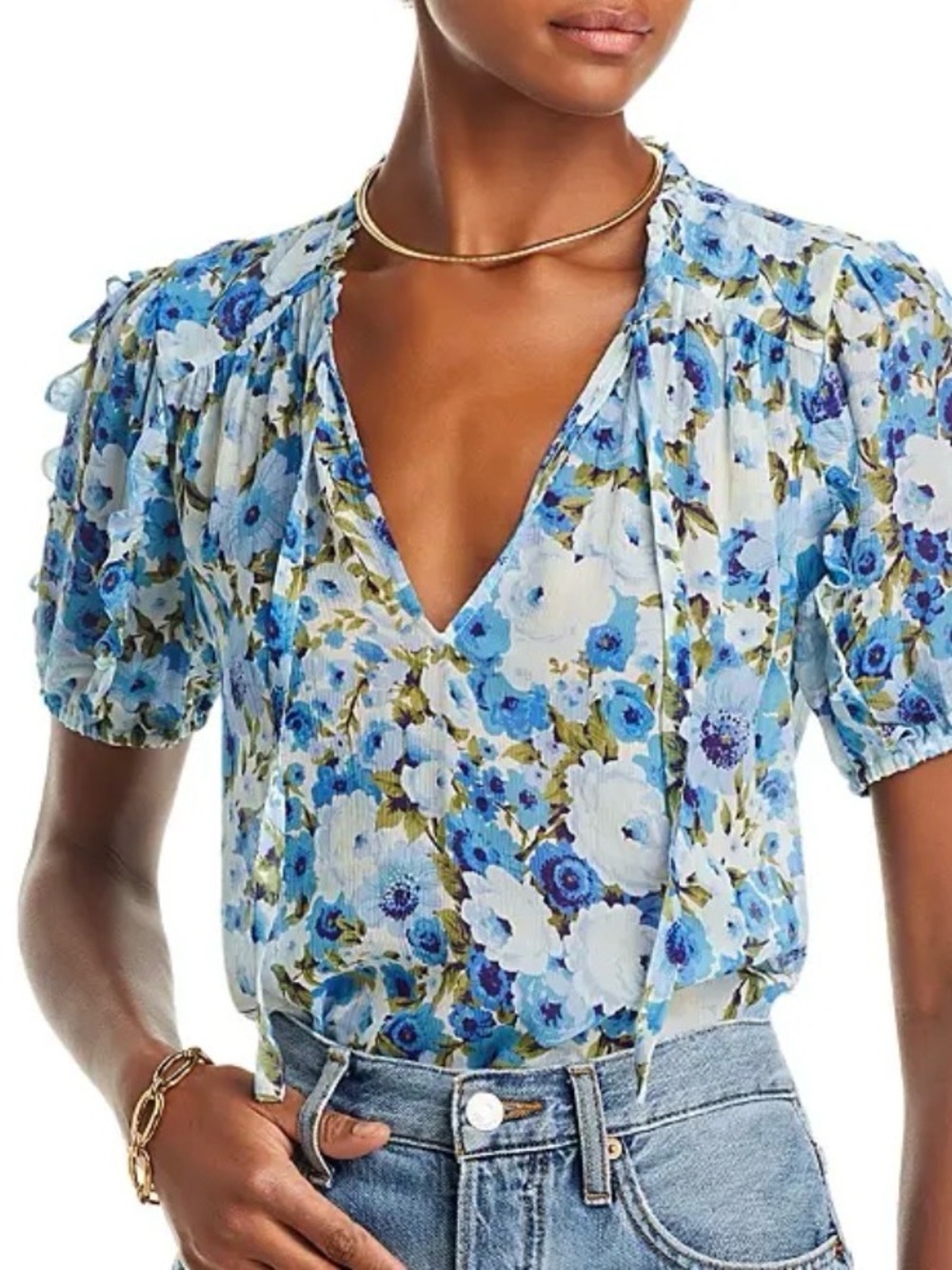 PAIGE DANDELION SILK TIE NECK BLUE GREEN FLORAL RUFFLE TRIM BLOUSE SZ LARGE